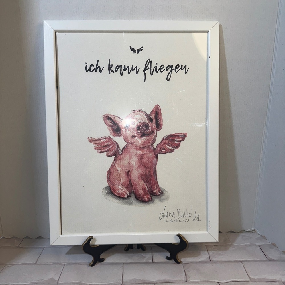 Luka‎ Bunic Berlin Watercolor Flying Pig Art Print Ich Kann Fliegen White Frame